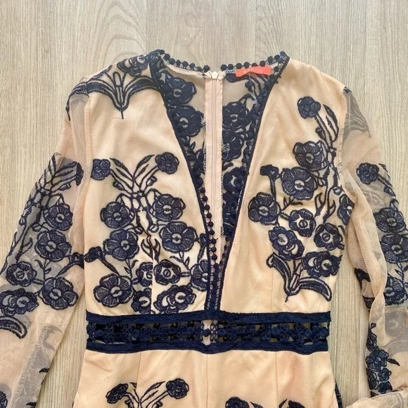 BANJUL Nude & Navy Blue Long Sleeve Romper Tattoo Lace Floral Mesh - Picture 2 of 10